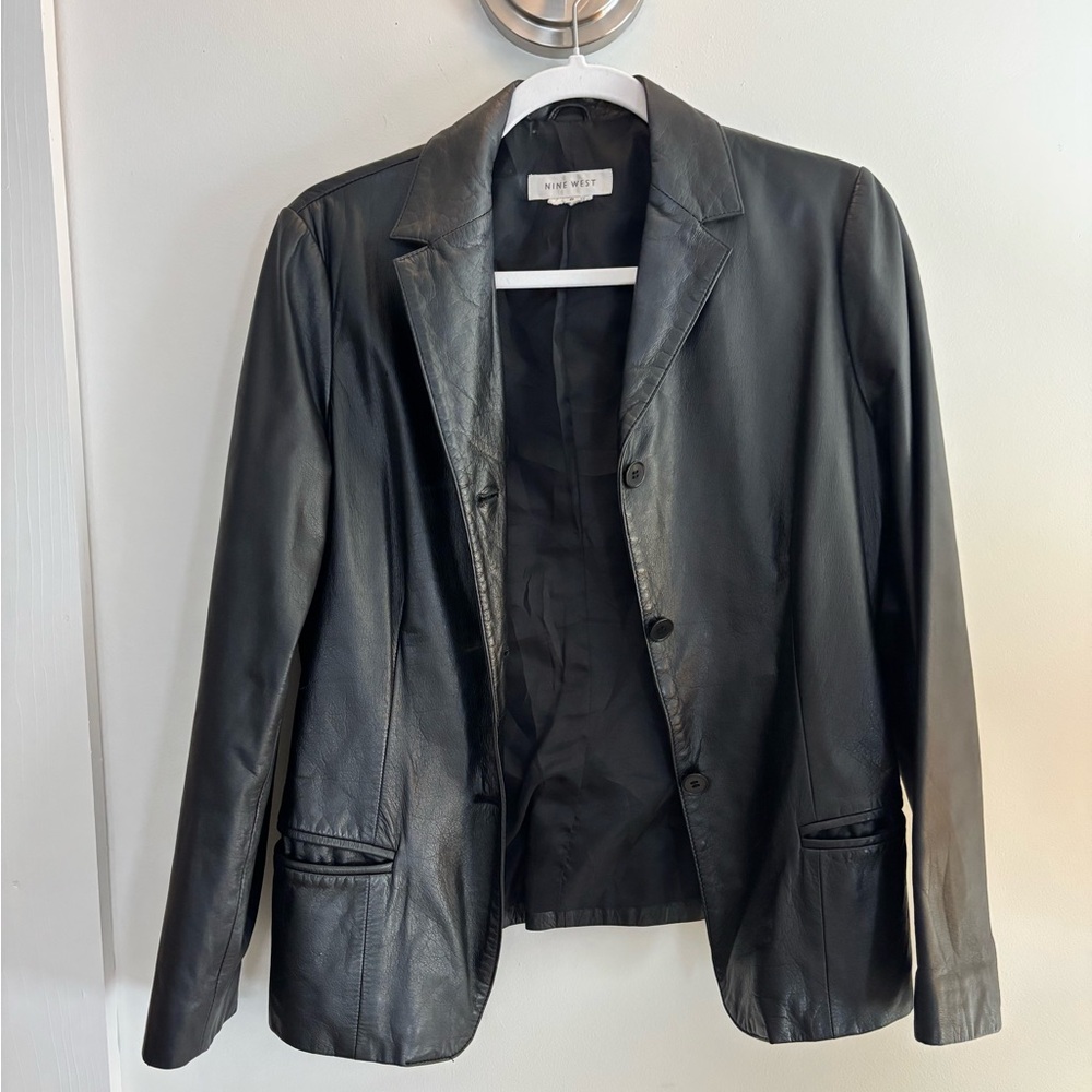 Nine West 100% Genuine Leather Black Blazer Jacket Women’s Size 8 (Medium)